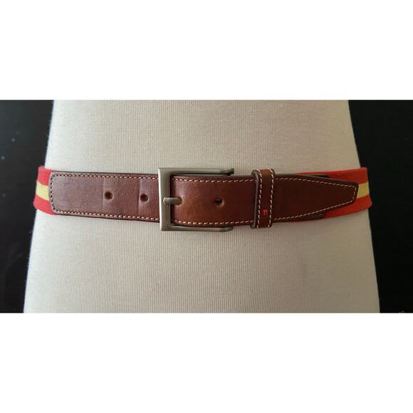 PAUL STUART Red/Yellow Stripe Stretch Belt w/Leather Trim Mens sz 42 - Picture 1 of 12